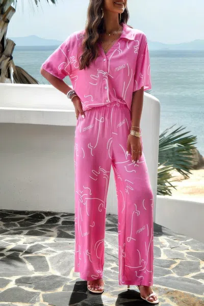 Truedames Print Front Button Two Pieces Blouse Sets In Pink