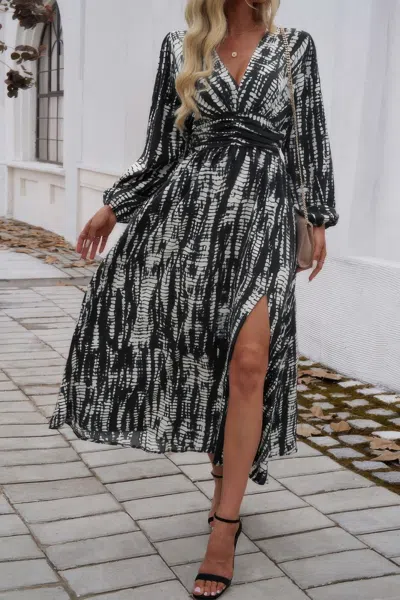 Truedames Print V Neck Tie Waist Fit Long Dress In Black