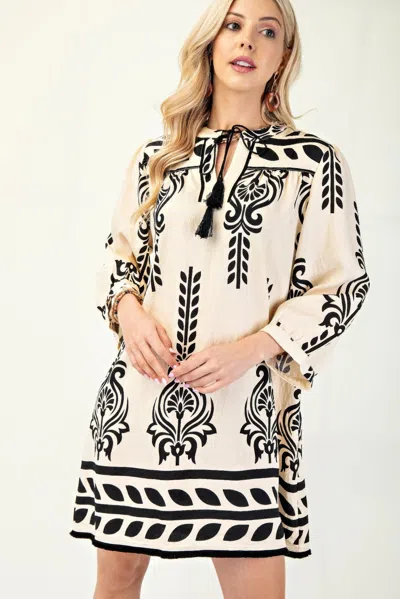 Truedames Printed 3/4 Sleeve Dress With Tassel Tie And Fringe Detail On Hem In Multi