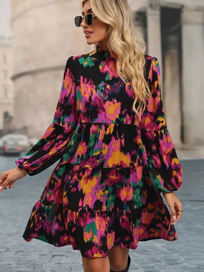 Truedames Printed Balloon Sleeve Mini Dress In Brown