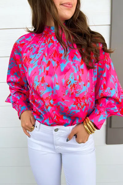 Truedames Printed Bubble Sleeve Mock Neck Blouse In Pink