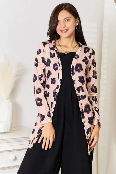 Truedames Printed Button Front Longline Cardigan In Pink