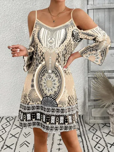 Truedames Printed Cold Shoulder Mini Dress In Neutral