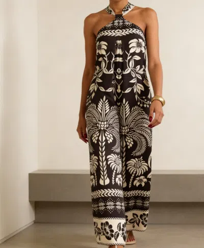 Truedames Printed Halter Neck Wide-leg Jumpsuit In Brown