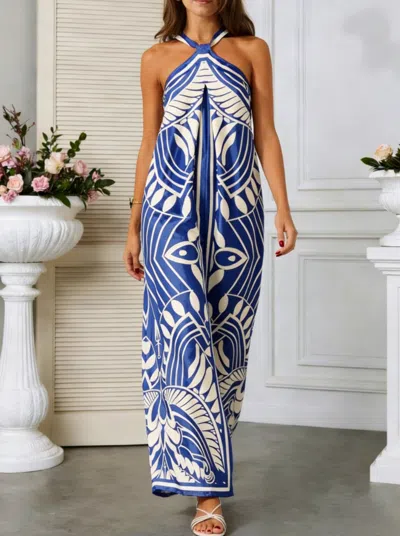 Truedames Printed Halter Neck Wide-leg Jumpsuit In Blue