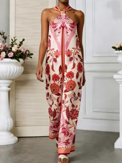 Truedames Printed Halter Neck Wide-leg Jumpsuit In Pink