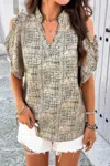 Truedames Printed Mandarine Collar Cold Shoulder Loose Top In Green