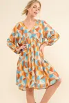 Truedames Printed Open Back Puff Sleeve Casual Dress In Multi