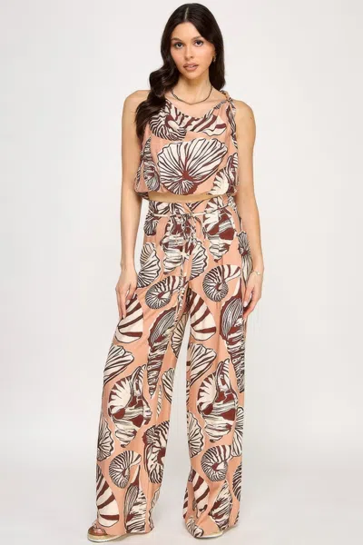 Truedames Printed Sleeveless Bubble Hem Top And Paper Bag Waist Pants Set In Neutral