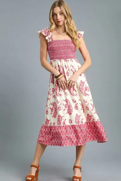 Truedames Printed Smocked Midi Dress With Ruffle Details In White