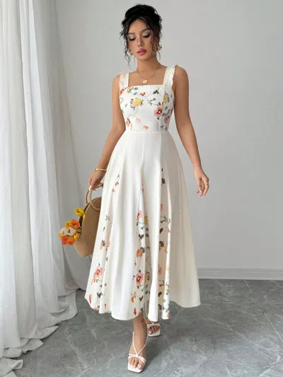 Truedames Printed Square Neck Midi Dress In White