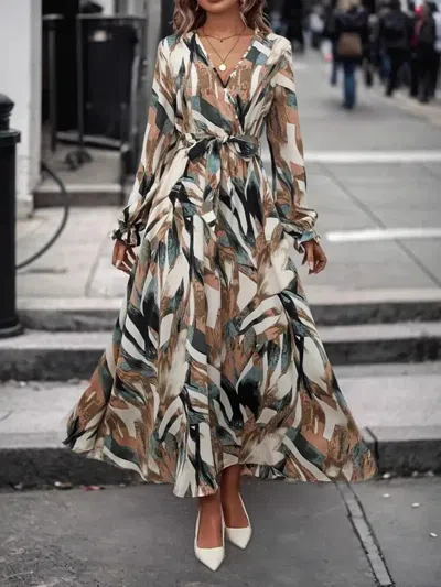 Truedames Printed Surplice Flounce Sleeve Maxi Dress In Brown