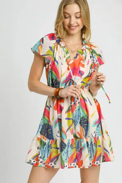Truedames Printed Tie Neck Ruffled Hem Dress In Multi