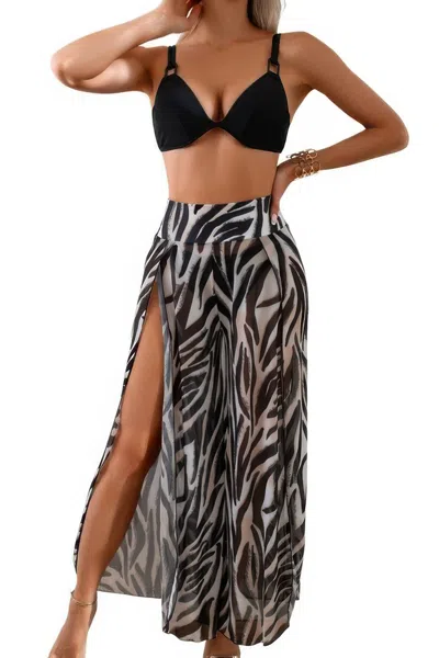 Truedames Printed Two Pieces Split Sheer Mesh Pants Swimsuit In Black