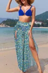 Truedames Printed Two Pieces Split Sheer Mesh Pants Swimsuit In Blue