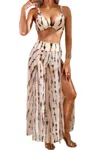 Truedames Printed Two Pieces Split Sheer Mesh Pants Swimsuit In Brown