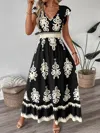 Truedames Printed V-neck Ruffled Cap Sleeve Dress In Black
