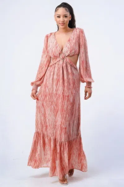 Truedames Printed V Neck Self Belted Side Cut Out Ruffled Maxi Dress In Brown