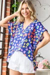 Truedames Printed V-neck Short Sleeve Blouse In Blue