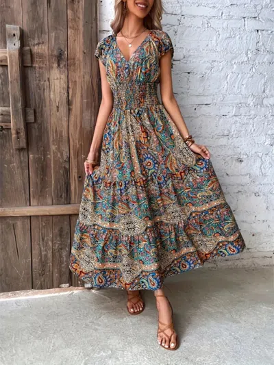 Truedames Printed V-neck Cap Sleeve Dress In Multi