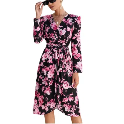 Truedames Printed V-neck Long Sleeve Side-slit Tie-front Dress Wrap-style Maxi Gown In Multi