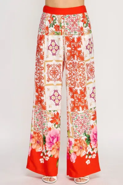 Truedames Printed Wide Leg Pants With Elastic Back In Red
