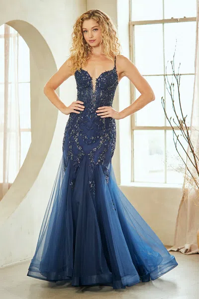 Truedames Prom Dress V-neck Beaded Mermaid Pageant Gown In Blue