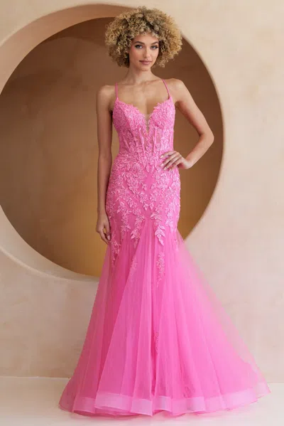 Truedames Prom Dress V-neck Beaded Mermaid Pageant Gown In Pink