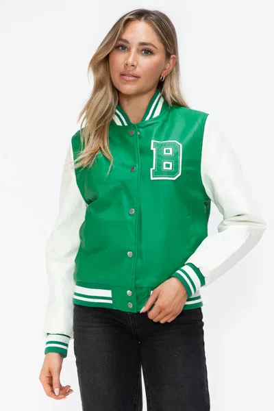 Truedames Pu Leather Contrast Snap Down Bomber Jacket In Green