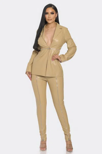 Truedames Pu Leather Zipper Pant Set In Sand