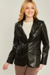 Truedames Pu Woven Solid Blazer In Black