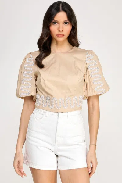 Truedames Puff Bubble Sleeve Top With Embroidery Detail In Multi