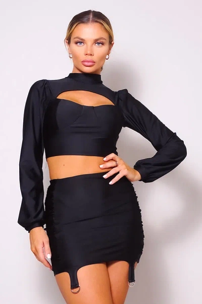 Truedames Puff Long Sleeve Front Cutout Turtleneck Blouse & Side Ruched Garter Mini Skirt Set In Black