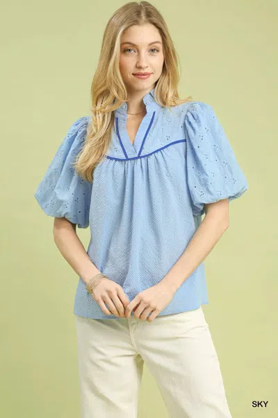 Truedames Puff Sleeve Eyelet Mix Top With Contrast Piping In Blue