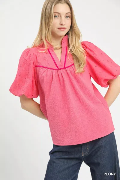 Truedames Puff Sleeve Eyelet Mix Top With Contrast Piping In Pink