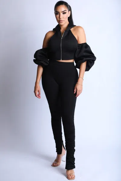 Truedames Puff Sleeve Hoodie Set In Black