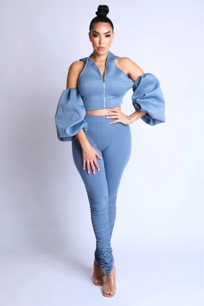 Truedames Puff Sleeve Hoodie Set In Blue