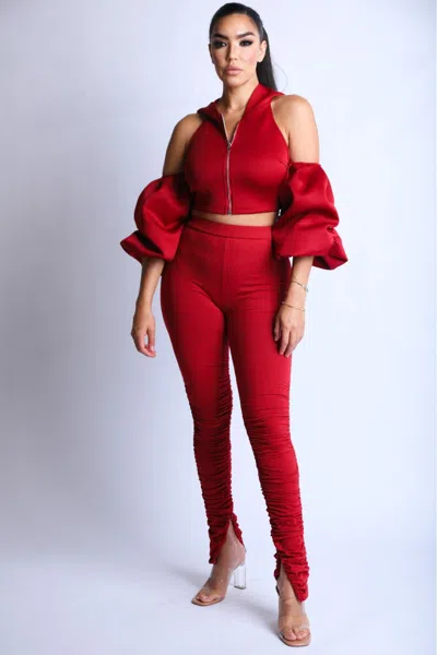 Truedames Puff Sleeve Hoodie Set In Red