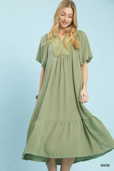 Truedames Puff Sleeve Midi Dress With Lace Detail In Green