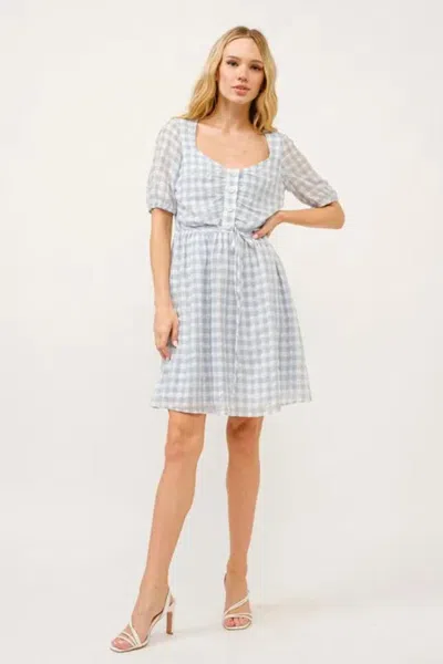 Truedames Puff Sleeve Ruched Button Front Gingham Dress In Gray