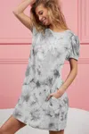 Truedames Puff Sleeve With Side Pockets Tie Dye Dress In Gray