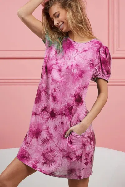 Truedames Puff Sleeve With Side Pockets Tie Dye Dress In Purple