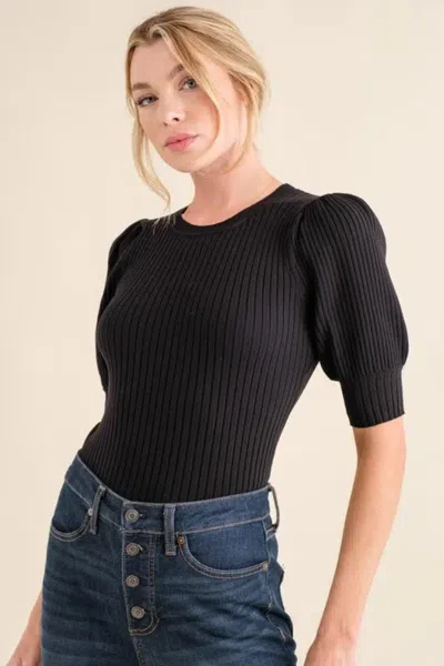 Truedames Puffed Half Sleeve Rib Basic Bodysuit In Black