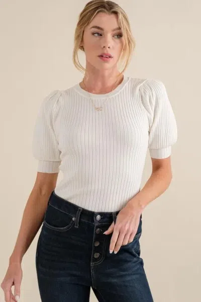 Truedames Puffed Half Sleeve Rib Basic Bodysuit In White
