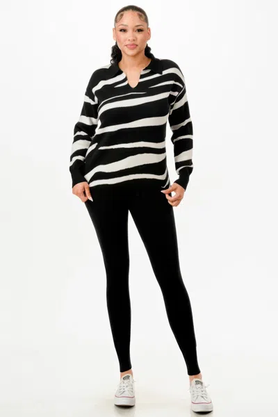 Truedames Pullover Collared V-neck Sweater Top And Pant Set In Black