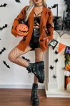 Truedames Pumpkin Print Open Front Long Sleeve Cardigan In Brown