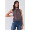 Truedames Purple & Multi Sleeveless Mock Neck Front Button Down Sheer Blouse Top In Blue