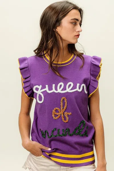 Truedames Queen Of Mardi Ruffled Armhole Sleeveless Knit Top In Purple