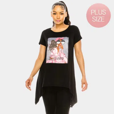 Truedames Queen Woman Printed Crystal Embellished Half Sleeve Top In Black