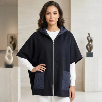 Truedames Quilted Pocket Hooded Zip Front Cape Coat Poncho In Blue